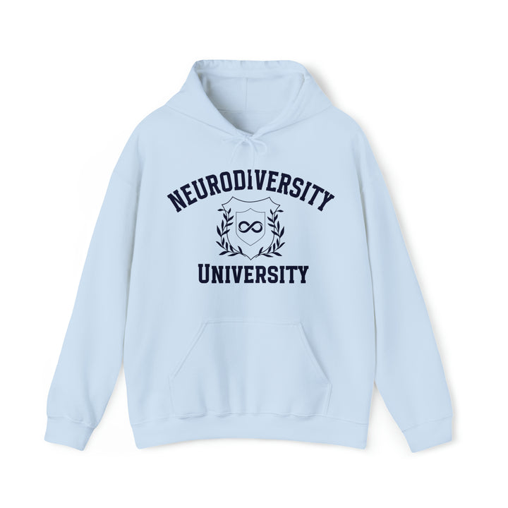 Adult Neurodiversity University Infinity Symbol Navy Blue Text Hoodie