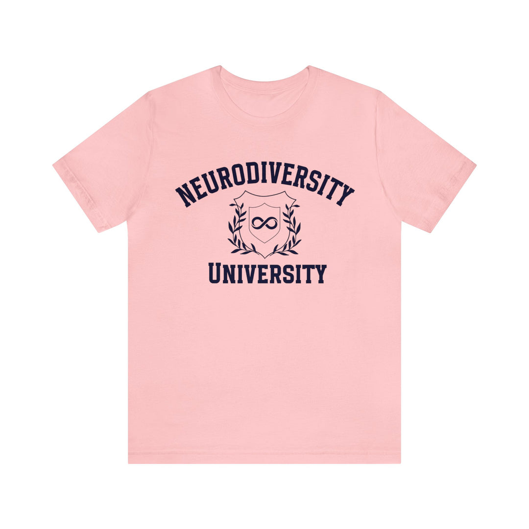 Neurodiversity University Infinity Symbol Navy Blue Text Tee