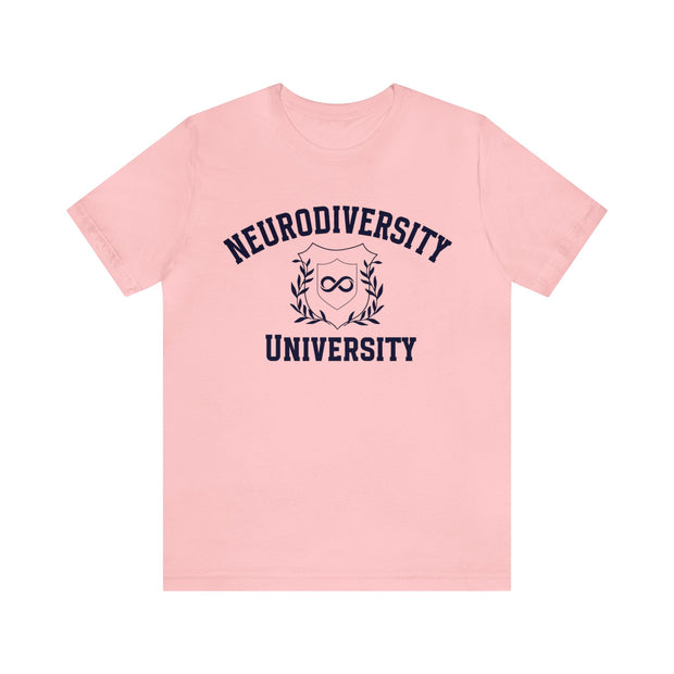 Neurodiversity University Infinity Symbol Navy Blue Text Tee