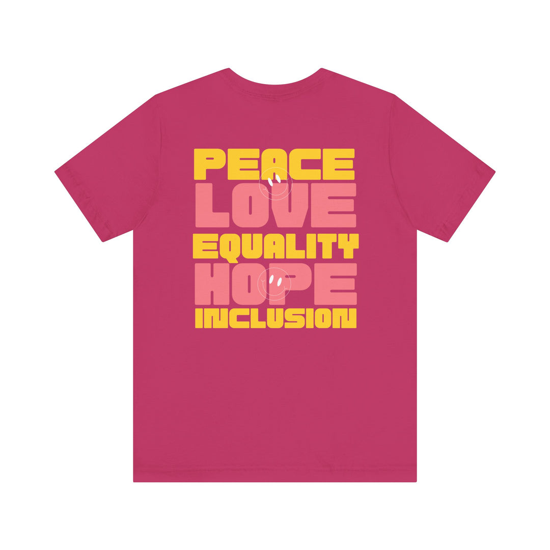 Adult Peace Love Equality Hope Inclusion Smileys Front and Back Tee