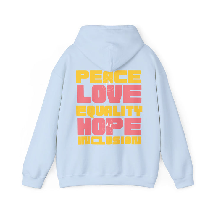 Adult Peace Love Equality Hope Inclusioin Smileys Front and Back Hoodie