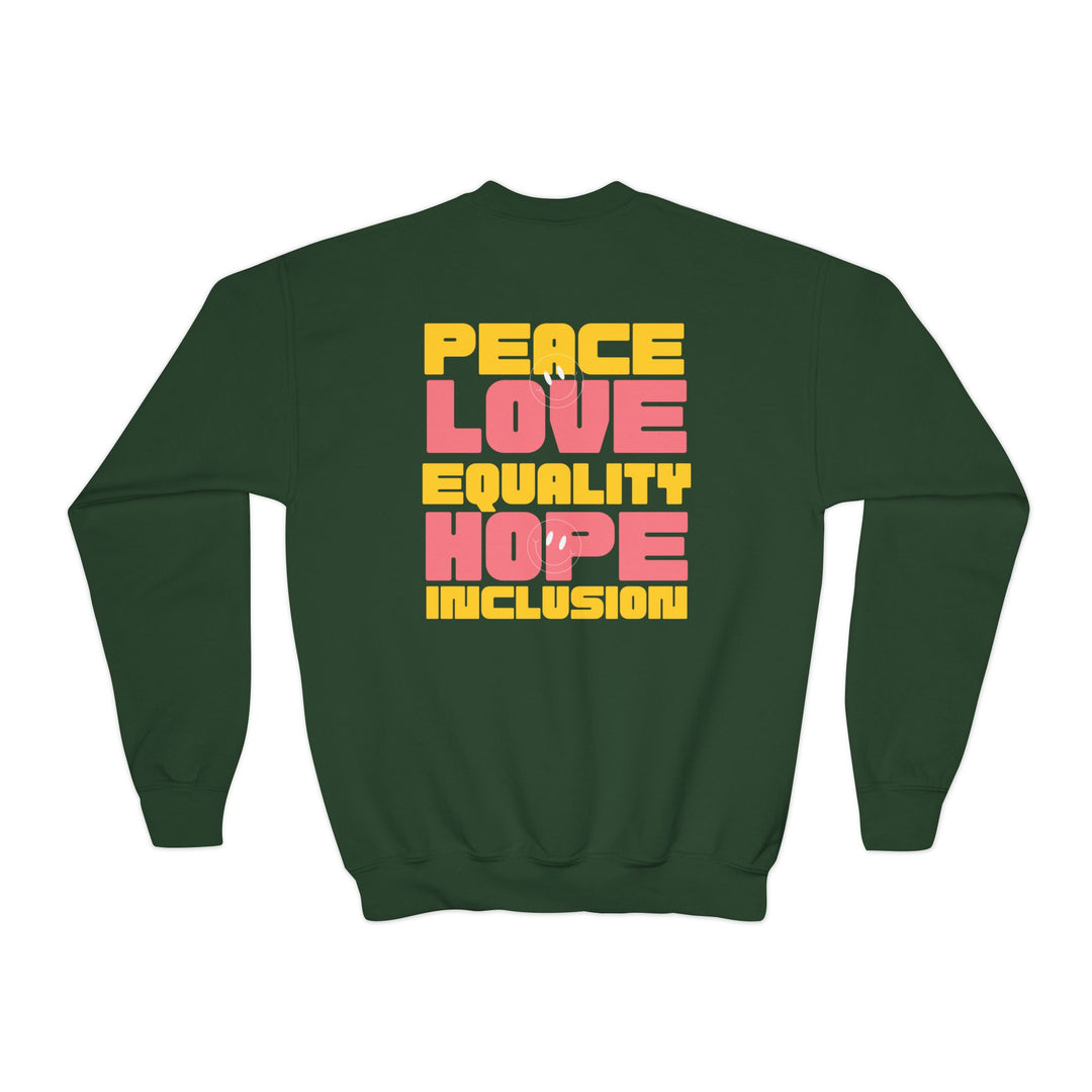 Kids Peace Love Equality Hope Inclusion Smileys Front and Back Sweatshirt