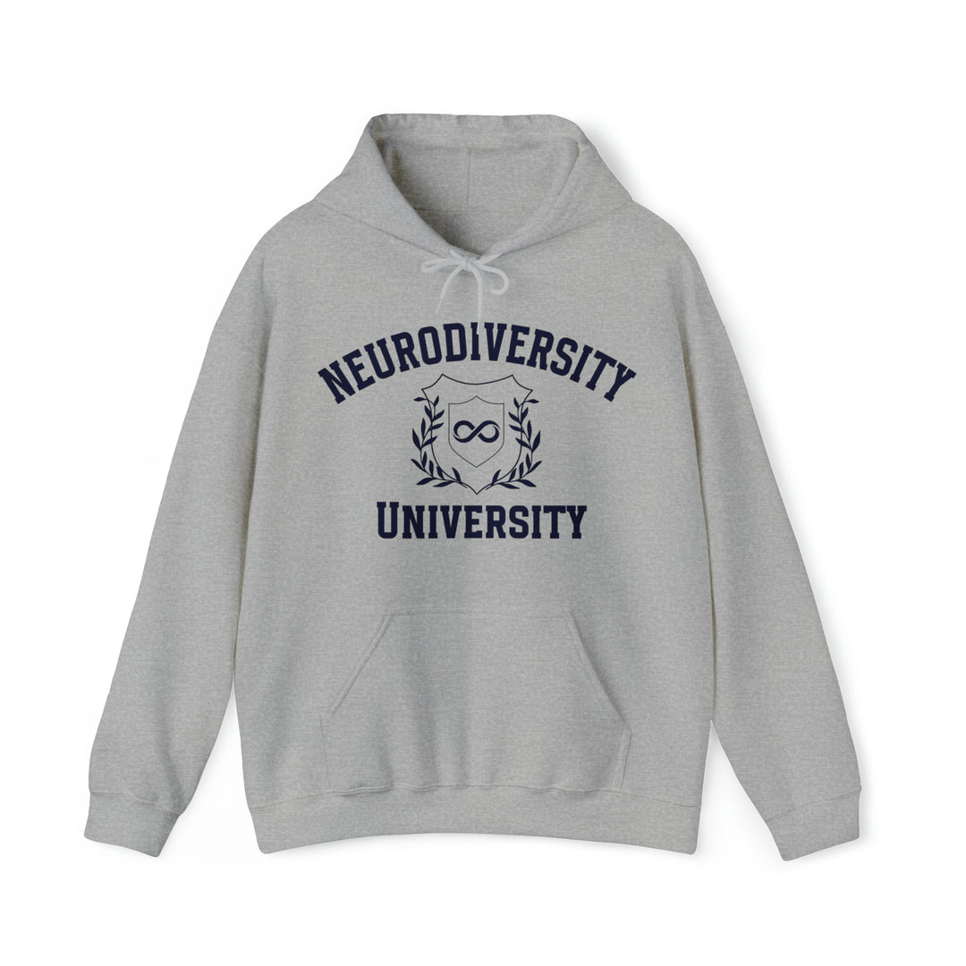 Adult Neurodiversity University Infinity Symbol Navy Blue Text Hoodie