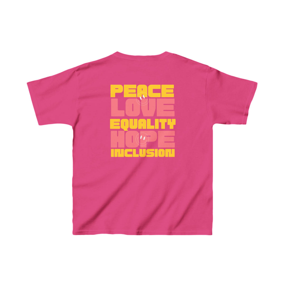 Kids Peace Love Equality Hope Inclusion Smileys Front and Back Tee