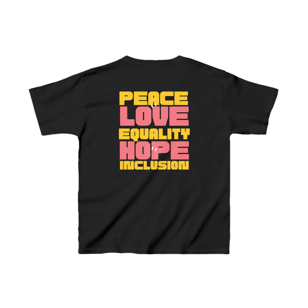 Kids Peace Love Equality Hope Inclusion Smileys Front and Back Tee