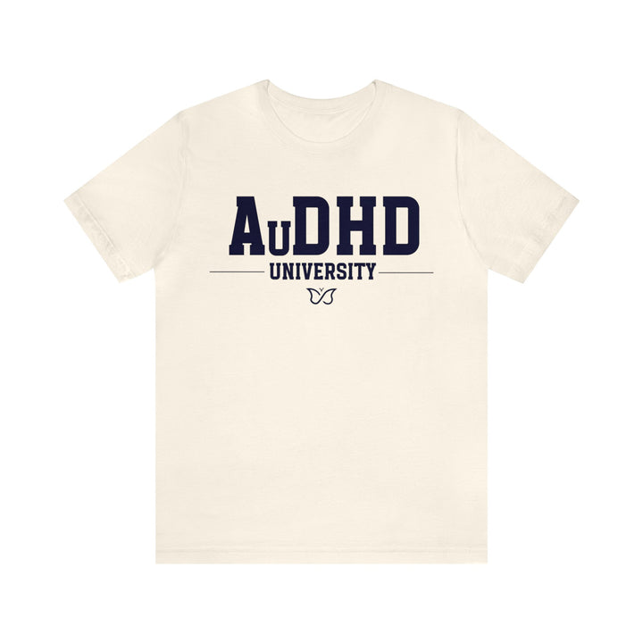 AuDHD University Butterfly Symbol Navy Blue Text Tee