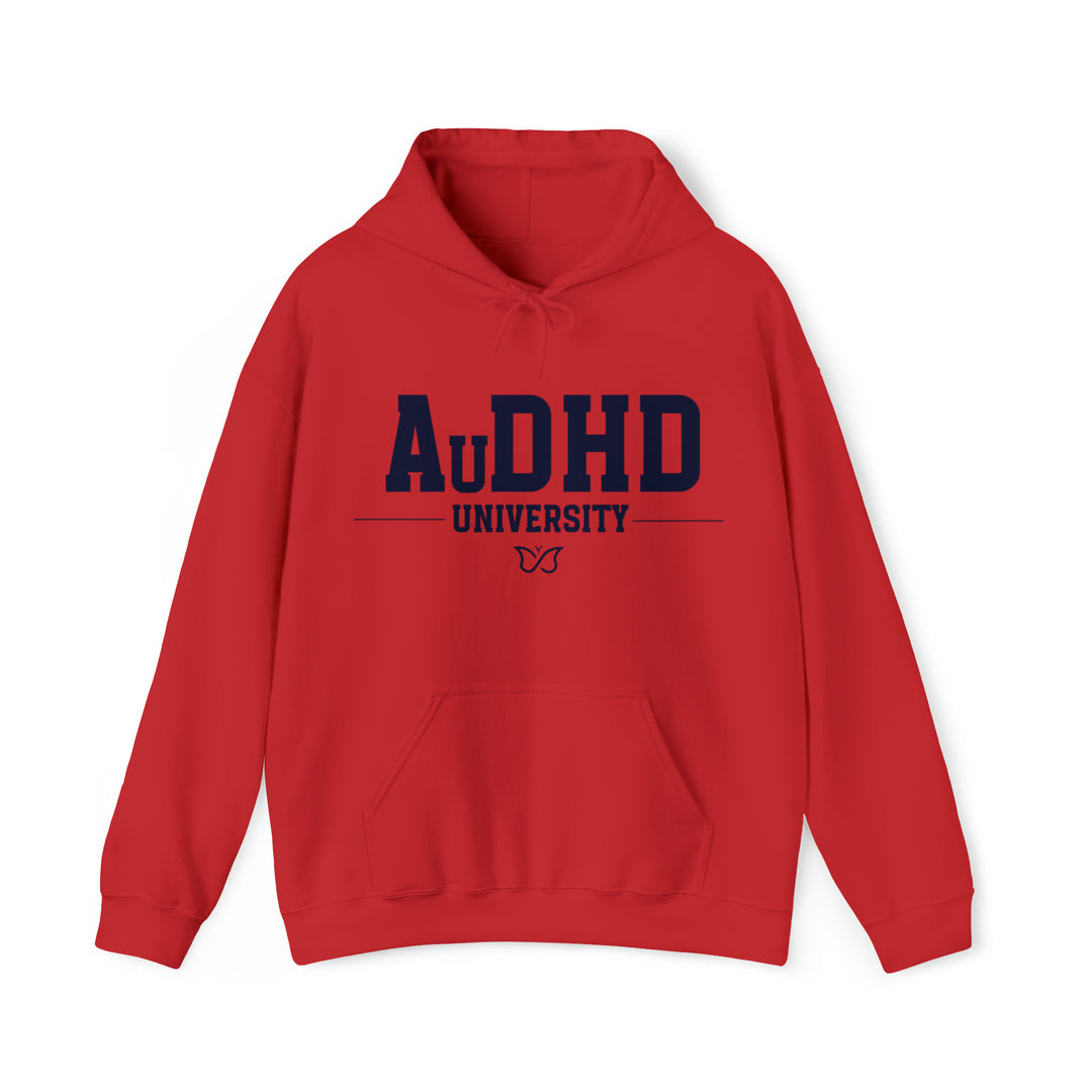 Adult AuDHD University Butterfly Symbol Navy Blue Text Hoodie