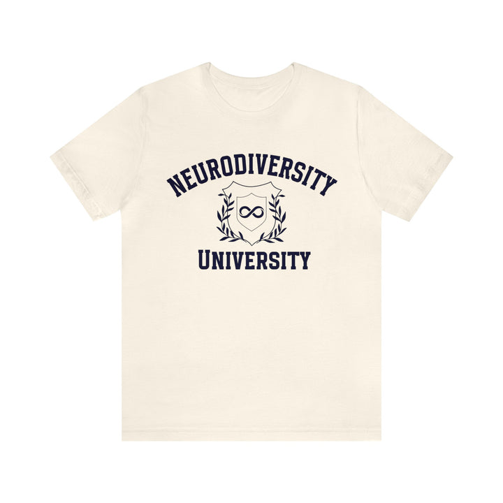 Neurodiversity University Infinity Symbol Navy Blue Text Tee