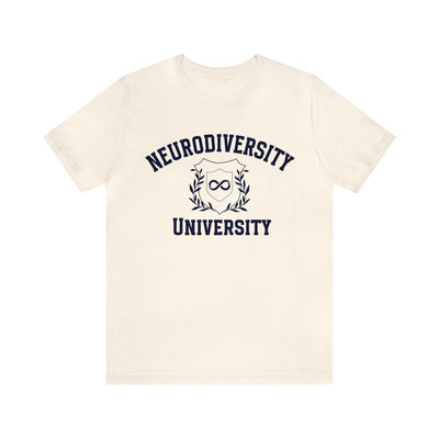 Neurodiversity University Infinity Symbol Navy Blue Text Tee