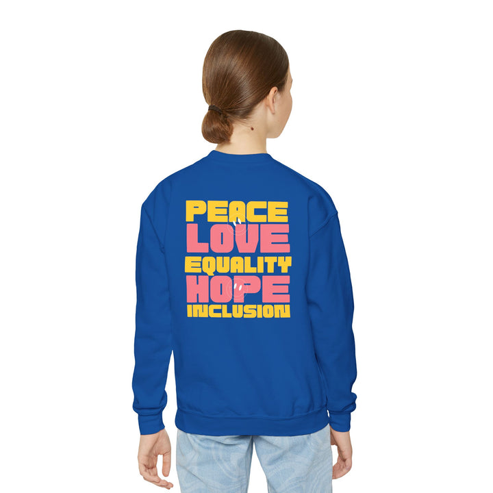 Kids Peace Love Equality Hope Inclusion Smileys Front and Back Sweatshirt