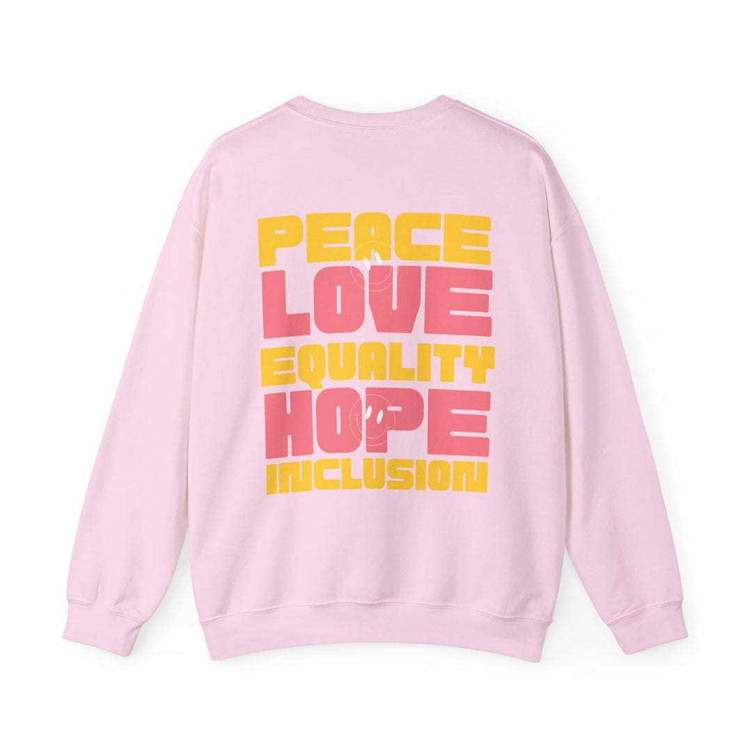 Adult Peace Love Equality Hope Inclusioin Smileys Front and Back Sweatshirt