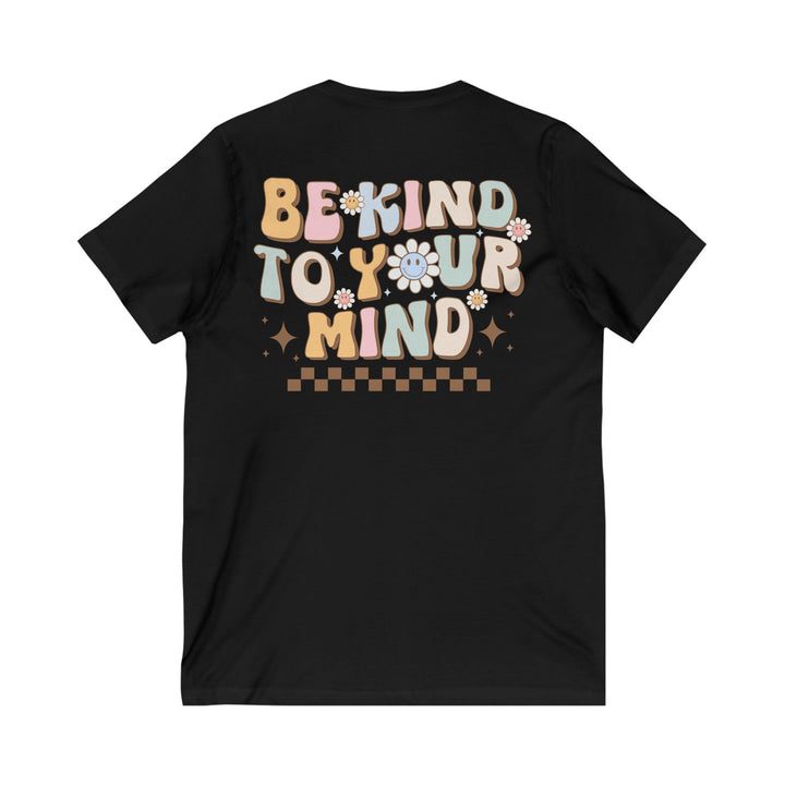 Adult Be Kind to Your Mind Smiling Daisy Front and Back V-Neck Tee