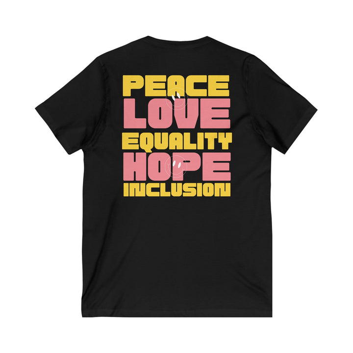 Adult Peace Love Equality Hope Inclusion Smileys Front and Back  V-Neck Tee