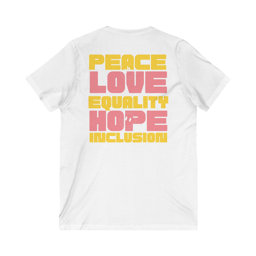 Adult Peace Love Equality Hope Inclusion Smileys Front and Back  V-Neck Tee