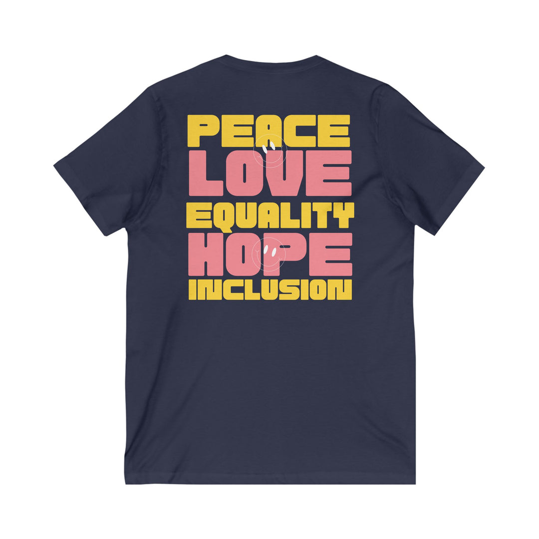 Adult Peace Love Equality Hope Inclusion Smileys Front and Back  V-Neck Tee