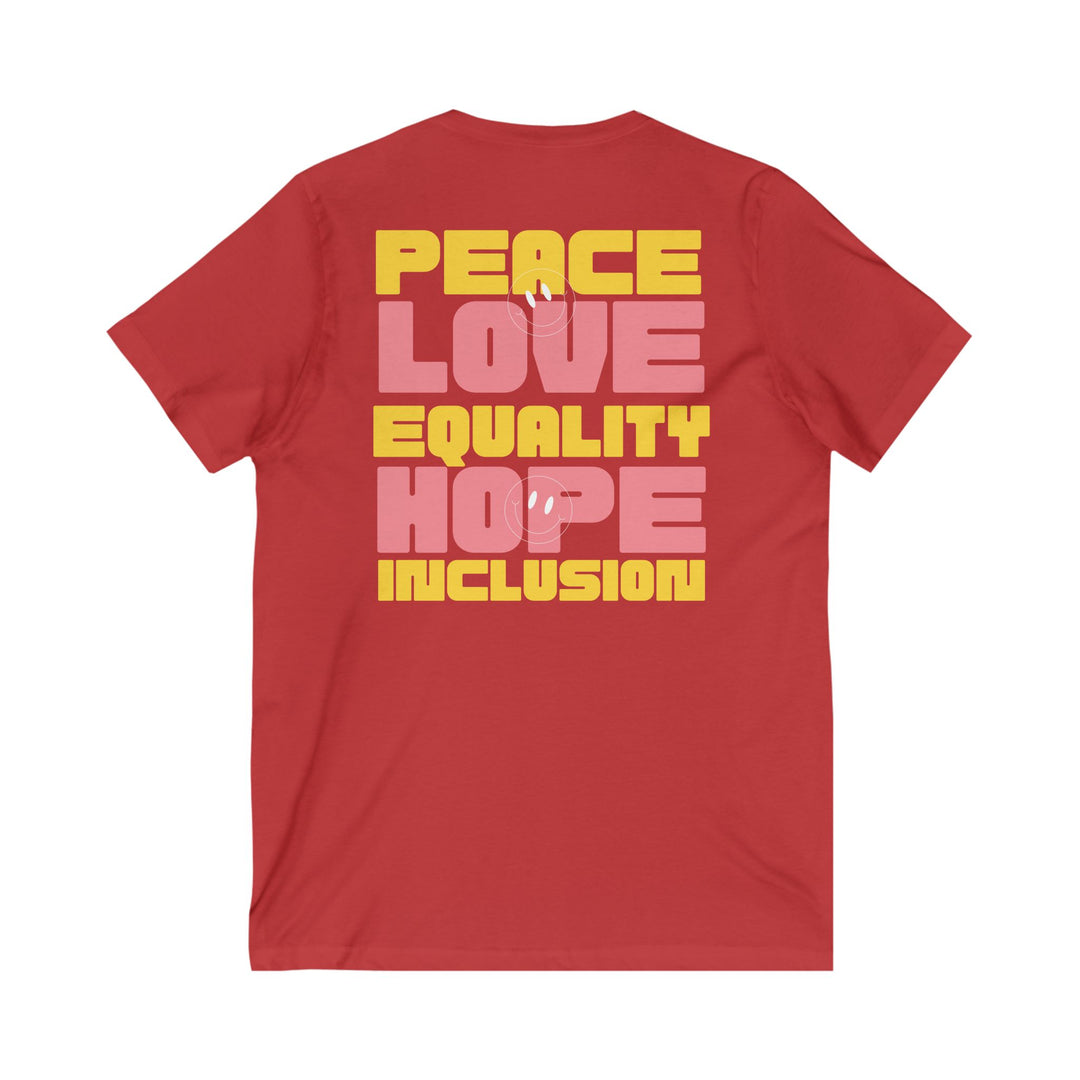 Adult Peace Love Equality Hope Inclusion Smileys Front and Back  V-Neck Tee