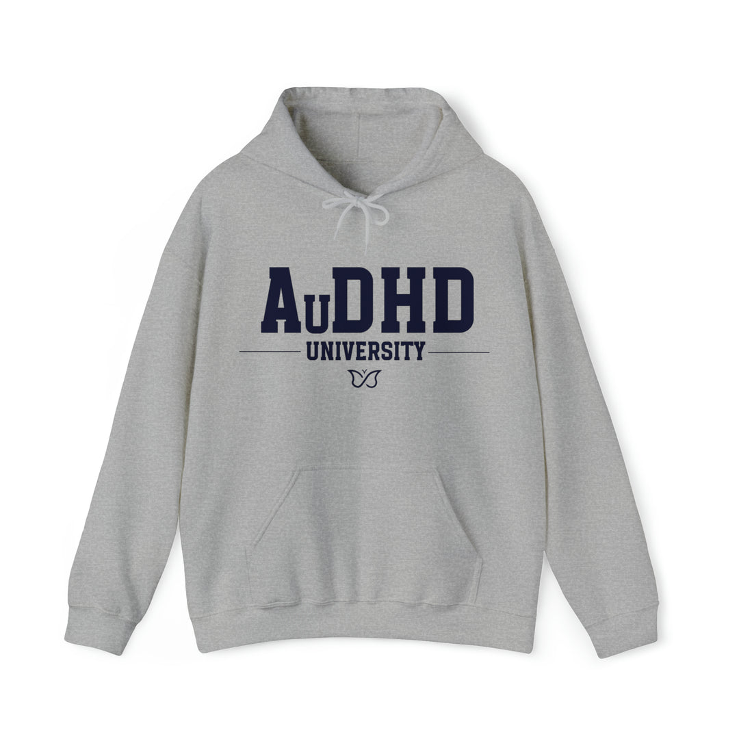 Adult AuDHD University Butterfly Symbol Navy Blue Text Hoodie