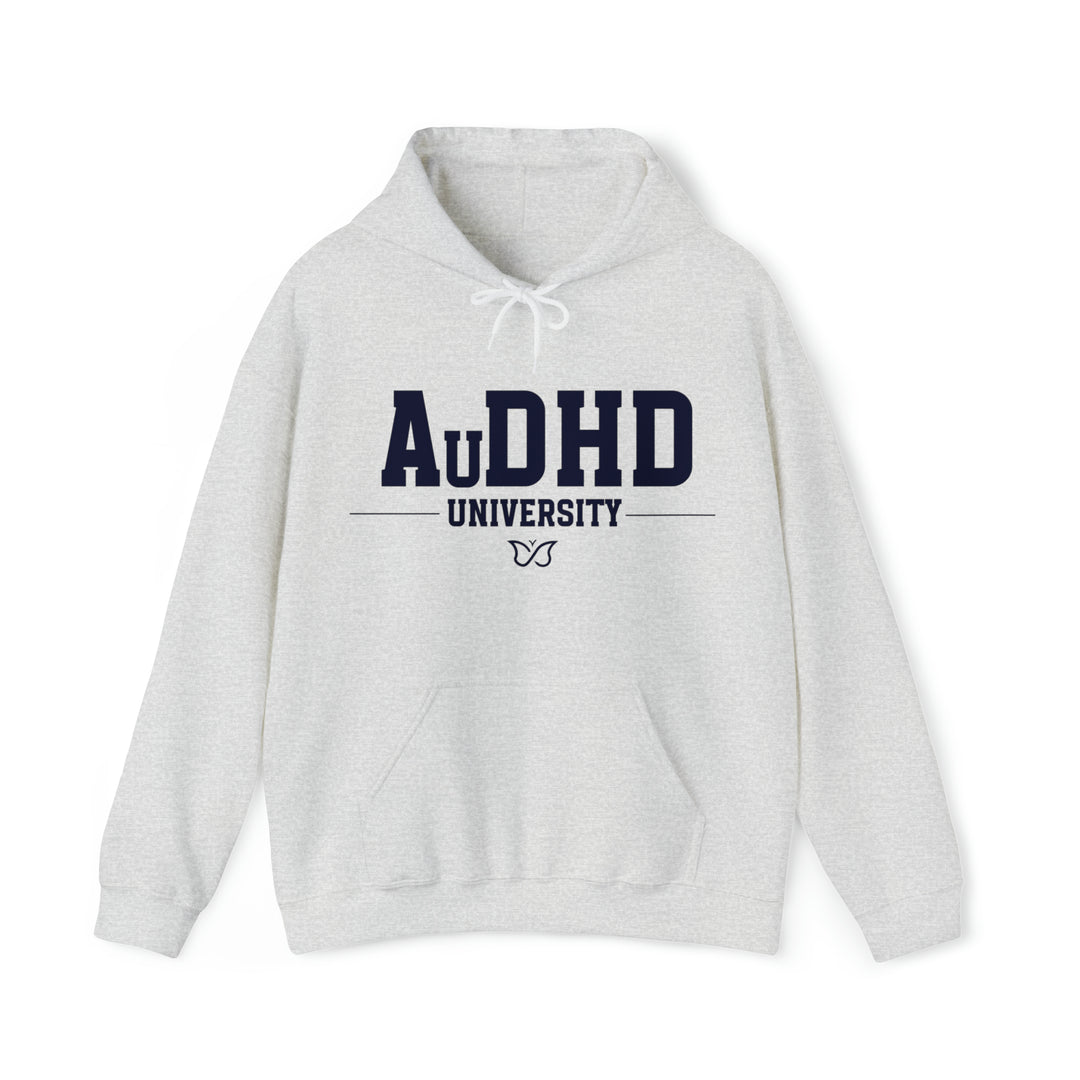 Adult AuDHD University Butterfly Symbol Navy Blue Text Hoodie