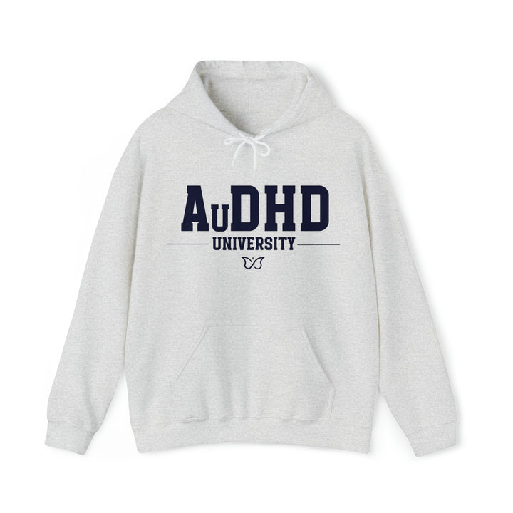 Adult AuDHD University Butterfly Symbol Navy Blue Text Hoodie