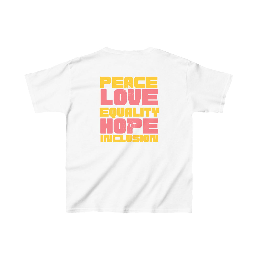 Kids Peace Love Equality Hope Inclusion Smileys Front and Back Tee