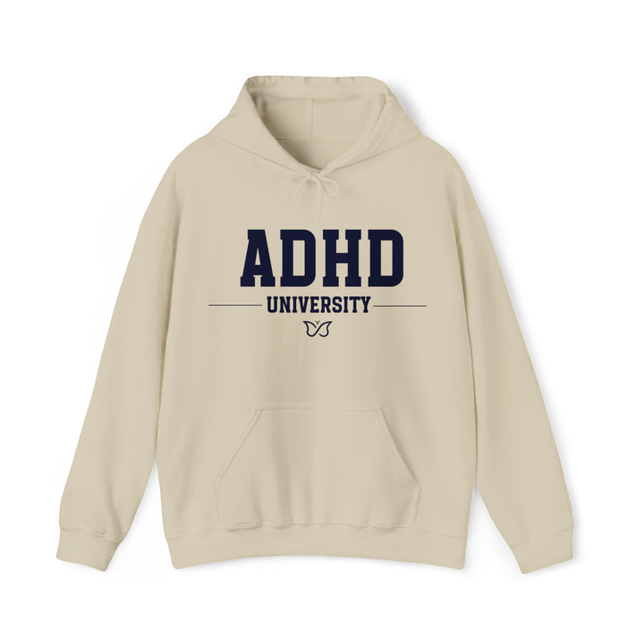 Adult ADHD University Butterfly Symbol Navy Blue Text Hoodie