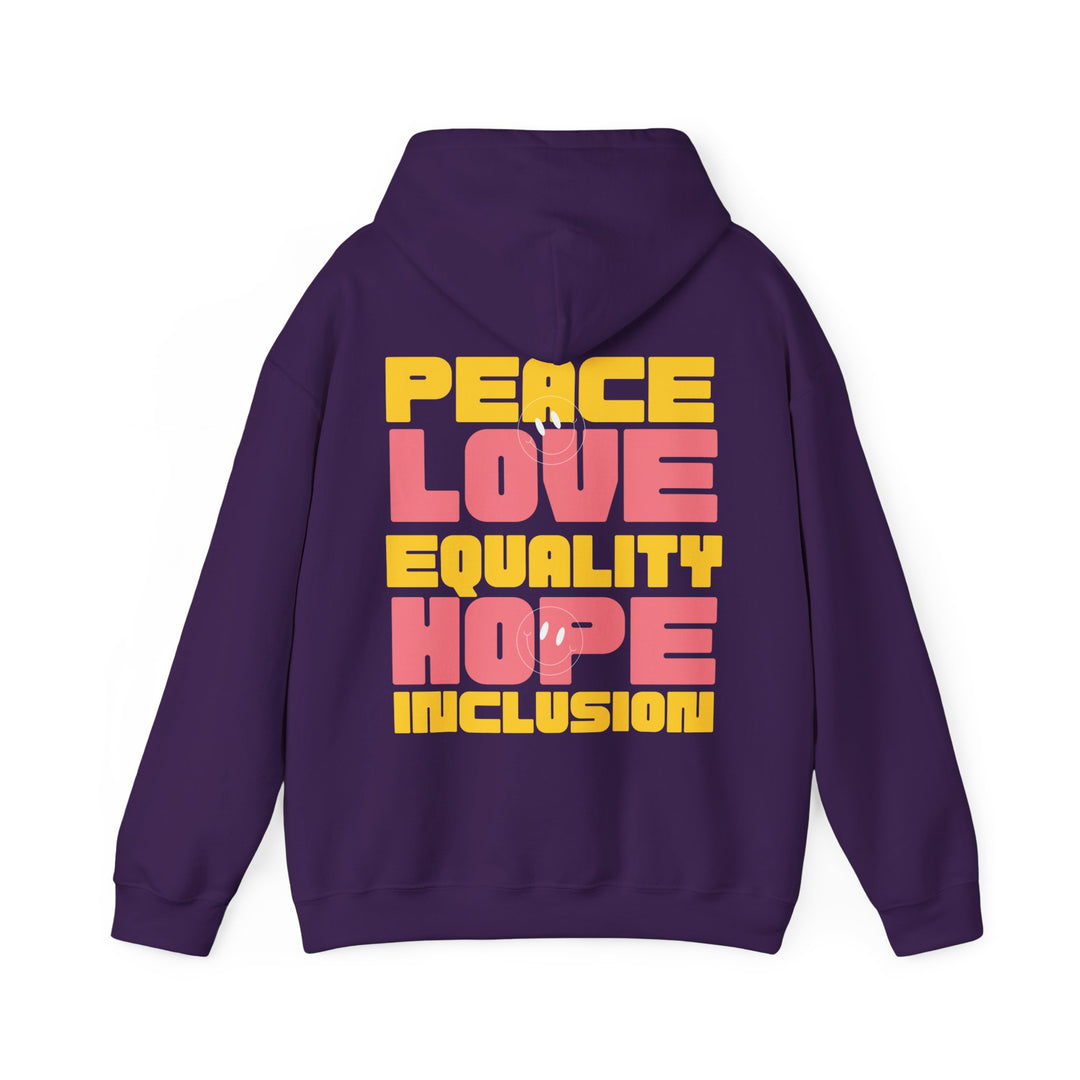 Adult Peace Love Equality Hope Inclusioin Smileys Front and Back Hoodie