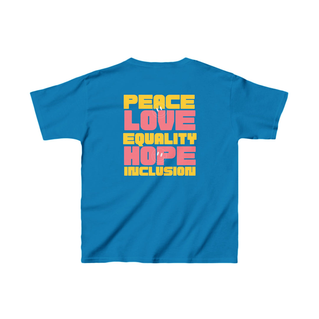 Kids Peace Love Equality Hope Inclusion Smileys Front and Back Tee