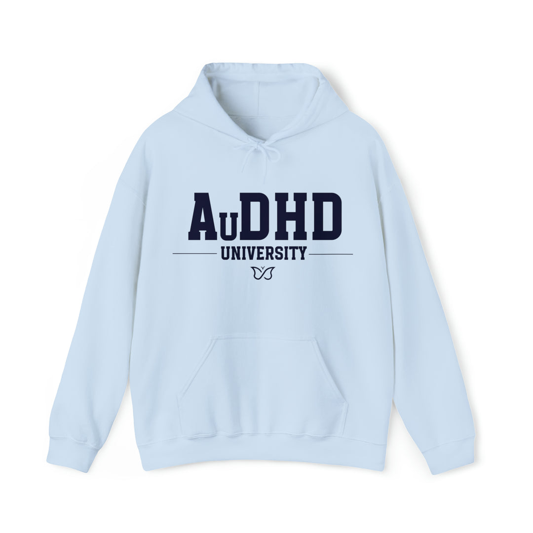 Adult AuDHD University Butterfly Symbol Navy Blue Text Hoodie