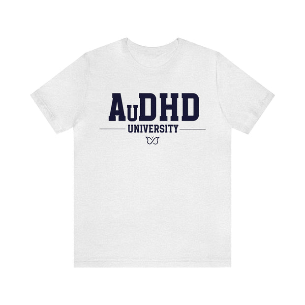 AuDHD University Butterfly Symbol Navy Blue Text Tee