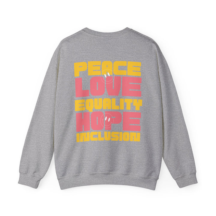 Adult Peace Love Equality Hope Inclusioin Smileys Front and Back Sweatshirt