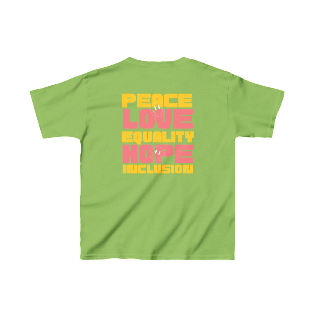 Kids Peace Love Equality Hope Inclusion Smileys Front and Back Tee