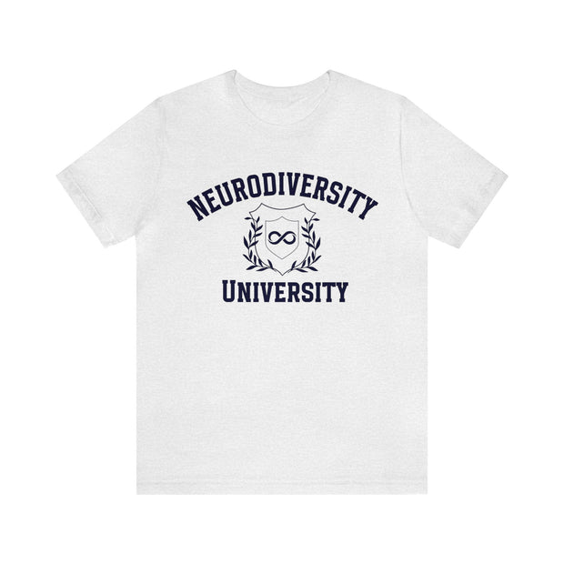 Neurodiversity University Infinity Symbol Navy Blue Text Tee