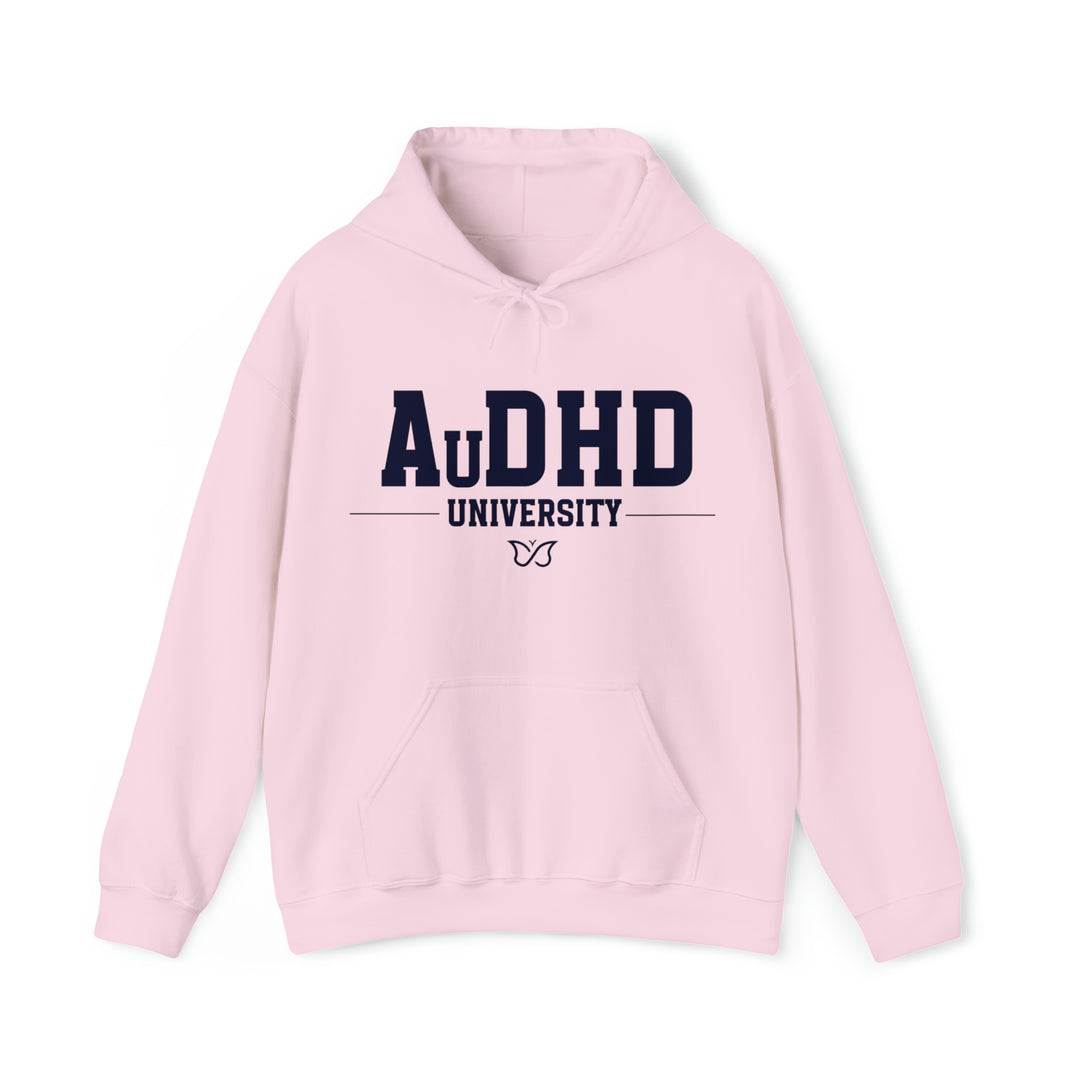 Adult AuDHD University Butterfly Symbol Navy Blue Text Hoodie