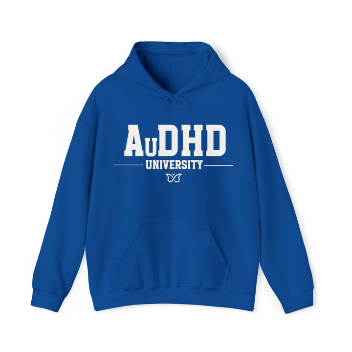 Adult AuDHD University Butterfly Symbol White Text Hoodie