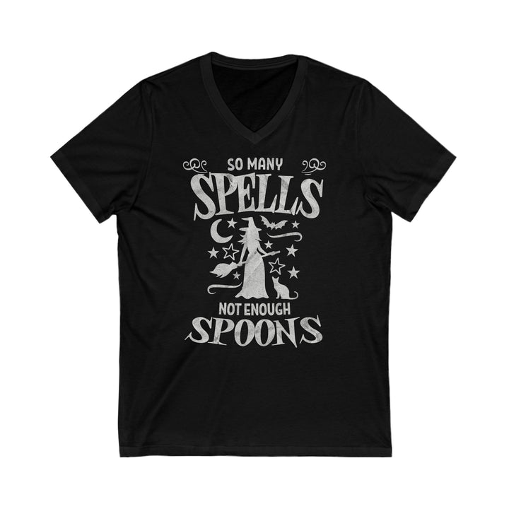 Adult So Many Spells Not Enough Spoons Distressed V-Neck Tee