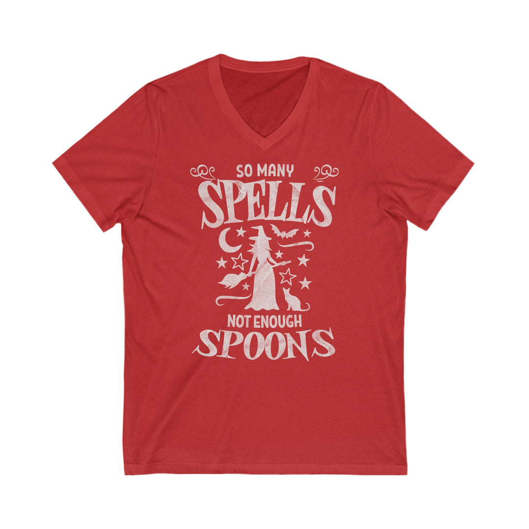 Adult So Many Spells Not Enough Spoons Distressed V-Neck Tee