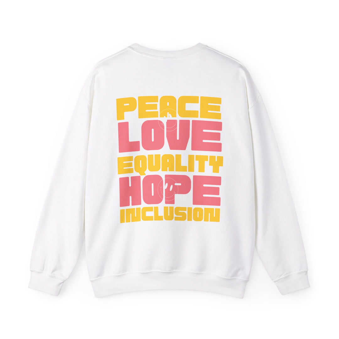 Adult Peace Love Equality Hope Inclusioin Smileys Front and Back Sweatshirt