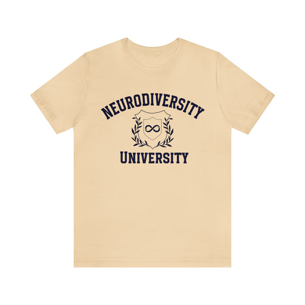 Neurodiversity University Infinity Symbol Navy Blue Text Tee