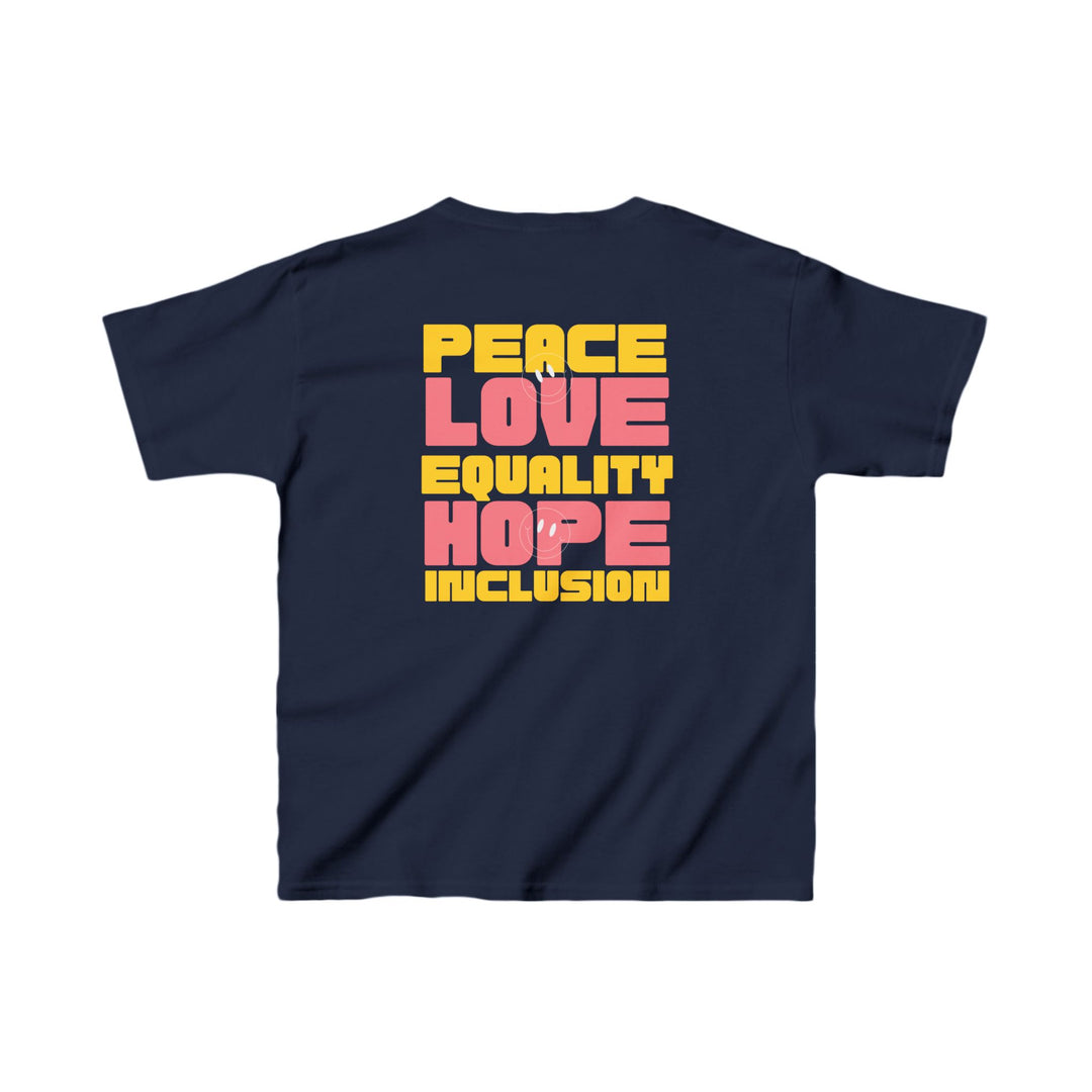 Kids Peace Love Equality Hope Inclusion Smileys Front and Back Tee