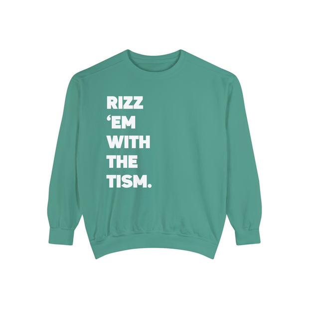 Adult Rizz Em With the Tism White Text Comfort Colors Sweatshirt