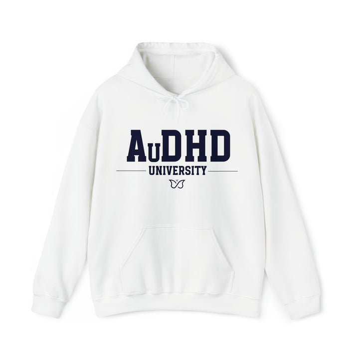 Adult AuDHD University Butterfly Symbol Navy Blue Text Hoodie