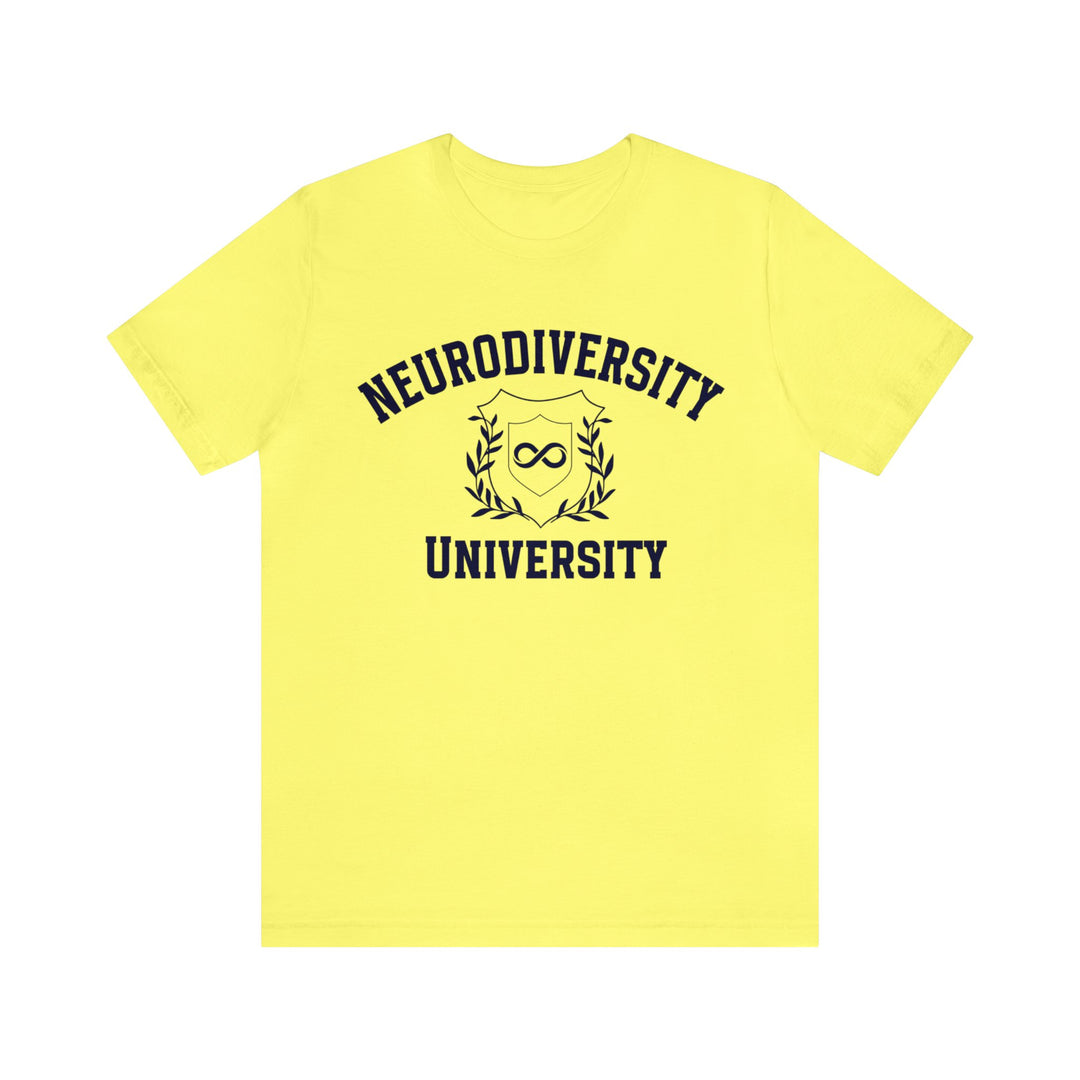 Neurodiversity University Infinity Symbol Navy Blue Text Tee