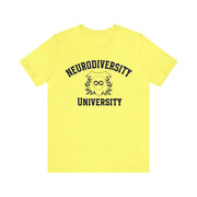 Neurodiversity University Infinity Symbol Navy Blue Text Tee