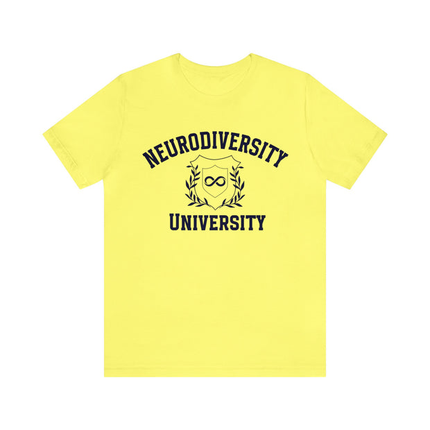 Neurodiversity University Infinity Symbol Navy Blue Text Tee