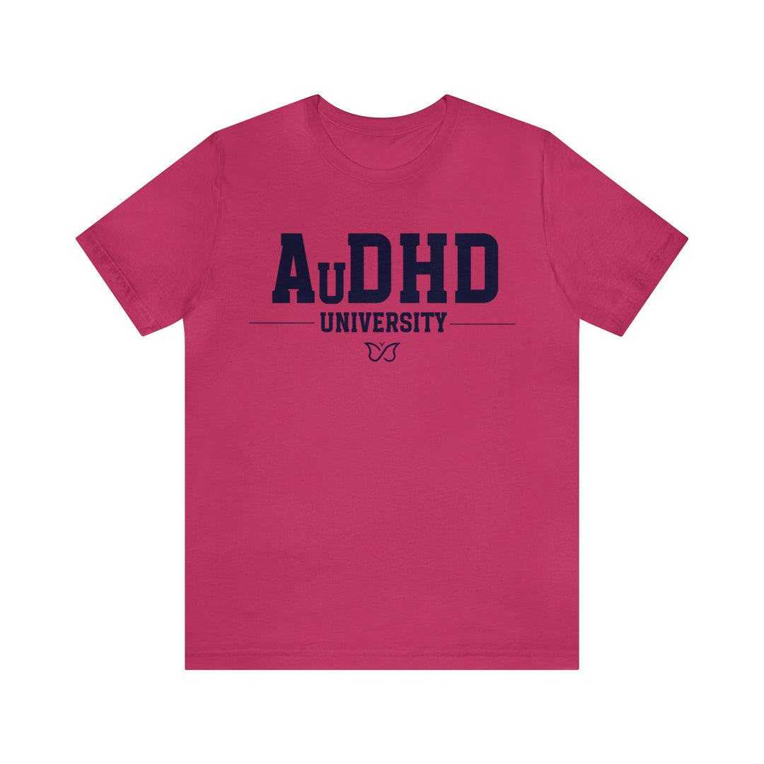 AuDHD University Butterfly Symbol Navy Blue Text Tee