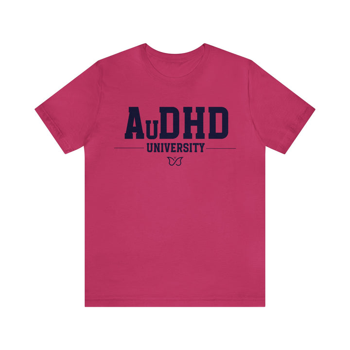 AuDHD University Butterfly Symbol Navy Blue Text Tee