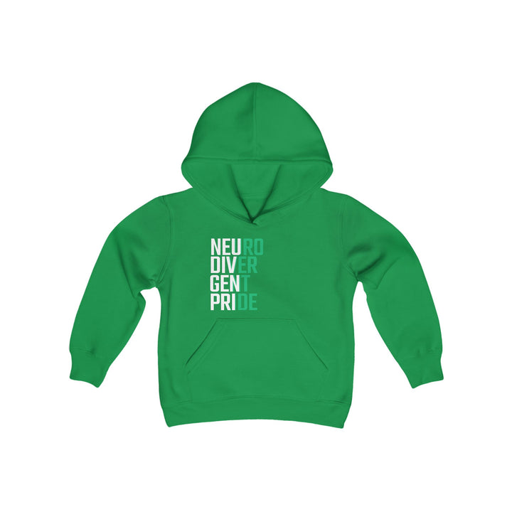 Kids Neurodivergent Pride Green & White Text Hoodie Sweatshirt