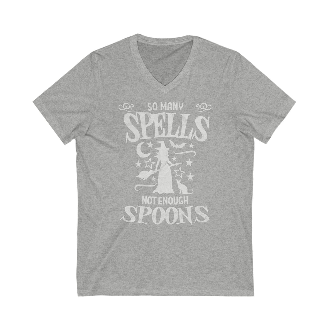 Adult So Many Spells Not Enough Spoons Distressed V-Neck Tee