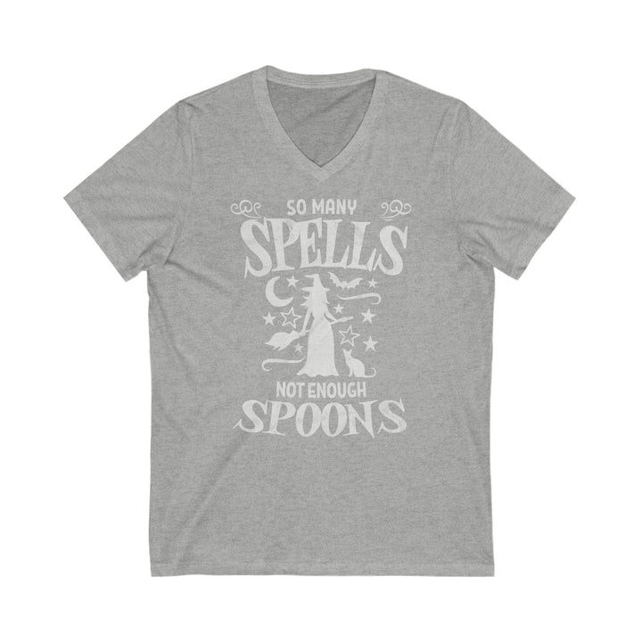 Adult So Many Spells Not Enough Spoons Distressed V-Neck Tee