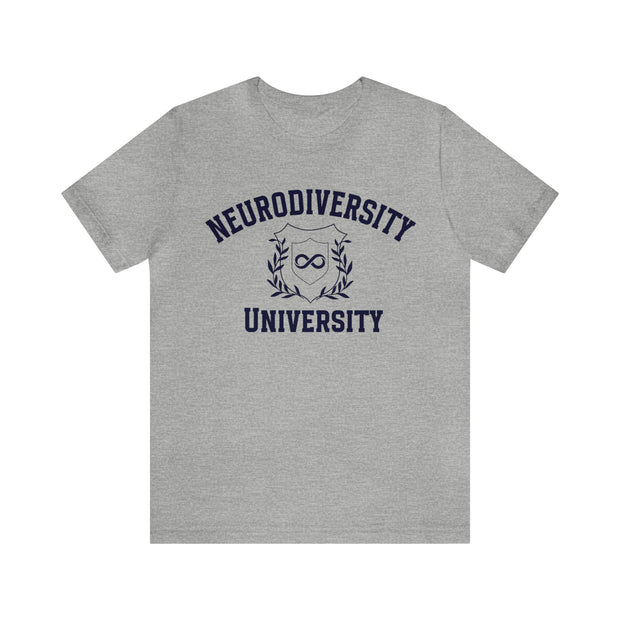 Neurodiversity University Infinity Symbol Navy Blue Text Tee